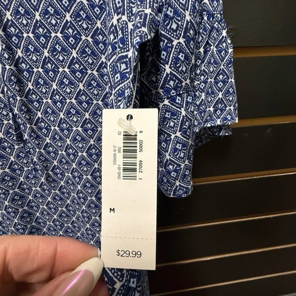 Old Navy Blue White Geometric Tie Neck Short Sleeve Top Size M NWT